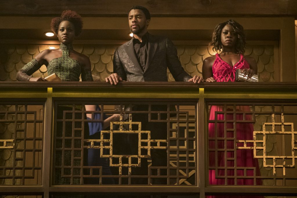 Marvel Studios' BLACK PANTHER. L to R: Marvel Studios' BLACK PANTHER. L to R: Nakia (Lupita Nyong'o), T'Challa/Black Panther (Chadwick Boseman) and Okoye (Danai Gurira). Photo: Matt Kennedy. ©Marvel Studios 2018. Photo: Matt Kennedy. ©Marvel Studios 2018 | Credit: Marvel Studios